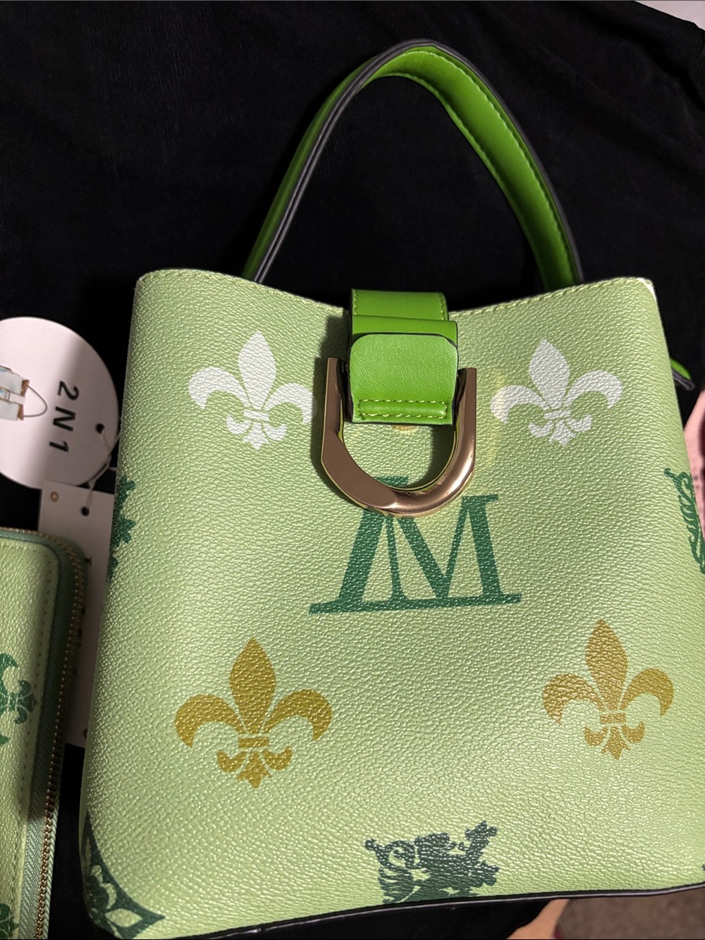 Le Miel Lime Green Patterned Satchel with Gold-Tone Buckle Accent - Picture 4 of 6